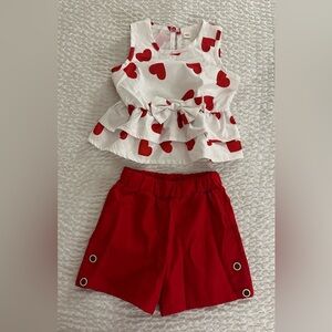 Charming Heart Print Top and Red Shorts Set